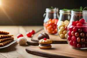 various types of sweets in glass jars on a wooden table. AI-Generated photo