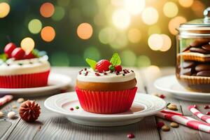 Navidad magdalenas en blanco platos con rojo Crema. generado por ai foto