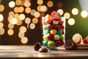 un vaso de caramelo y un plato de galletas en un mesa. generado por ai foto