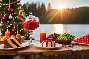 christmas dessert table with christmas cake, fruit and candles. AI-Generated photo