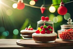 christmas cake with berries and candies on a table. AI-Generated photo