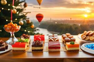 a table with desserts and fruit on it at sunset. AI-Generated photo