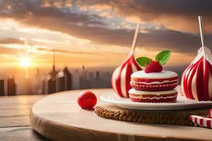 red velvet cake and red velvet cupcakes on a wooden table with a sunset in the background. AI-Generated photo