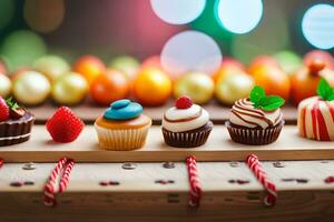 a row of cupcakes on a wooden tray. AI-Generated photo