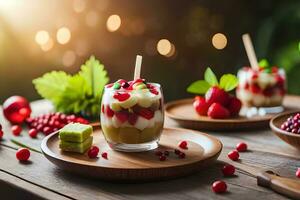 un postre con Fruta y bayas en un de madera mesa. generado por ai foto