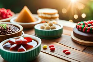 a table with various desserts and candies. AI-Generated photo