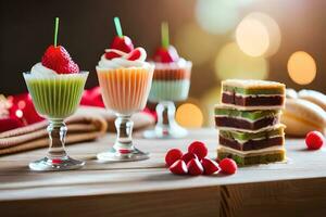 various desserts in glasses on a table. AI-Generated photo