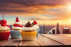 three cupcakes with frosting on top of a table with a city in the background. AI-Generated photo