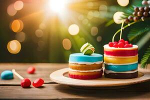 colorful cakes on a wooden plate with a christmas tree. AI-Generated photo