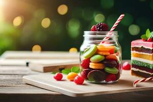 fruit salad in a jar with cake on a wooden table. AI-Generated photo