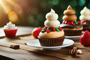 three cupcakes with frosting on top of a wooden table. AI-Generated photo