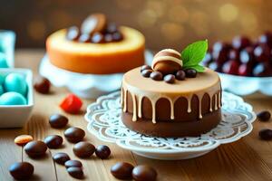 chocolate cake with chocolate and nuts on a wooden table. AI-Generated photo