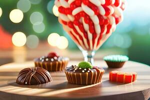 un rojo globo con caramelo y magdalenas en un mesa. generado por ai foto