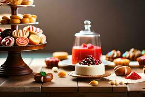 a table with various desserts and cakes. AI-Generated photo