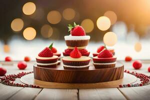 cupcakes with strawberries on top of a wooden stand. AI-Generated photo