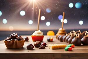 chocolate candies and cupcakes on a wooden table. AI-Generated photo