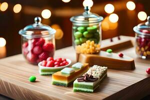 a wooden tray with various desserts and candies. AI-Generated photo