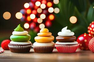 christmas cupcakes on a wooden table with christmas lights. AI-Generated photo