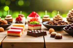 various types of desserts on wooden table. AI-Generated photo