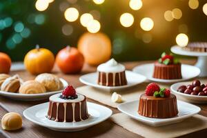 various desserts on plates with lights in the background. AI-Generated photo