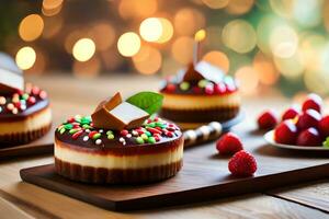 three cheesecakes with chocolate and raspberries on a wooden table. AI-Generated photo