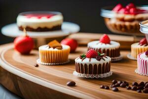 various desserts on a wooden tray. AI-Generated photo