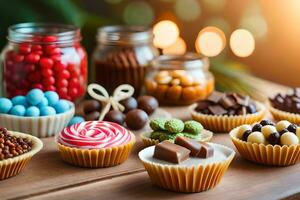 assorted sweets and candies on a wooden table. AI-Generated photo