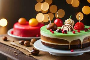 two cakes with fruit and nuts on a wooden table. AI-Generated photo