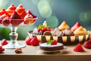 various desserts are displayed on a table. AI-Generated photo