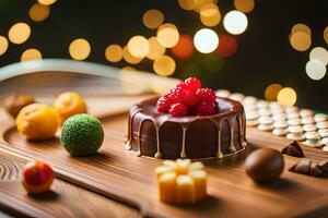 a chocolate cake with berries and fruit on a wooden table. AI-Generated photo