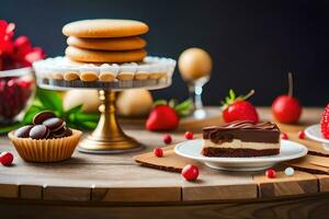 various desserts on a wooden table. AI-Generated photo