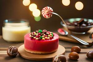 a cake with candy and a lollipop on a wooden table. AI-Generated photo