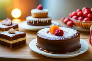 varios pasteles y postres en un mesa. generado por ai foto