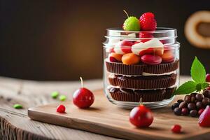 a glass jar filled with chocolate and fruit. AI-Generated photo