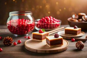 christmas dessert with cranberries and cherries on wooden table. AI-Generated photo