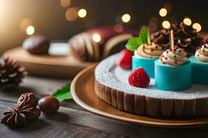 a cake with blue frosting and strawberries on a wooden table. AI-Generated photo