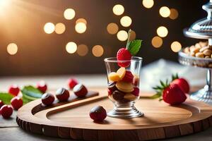a dessert with strawberries and cherries on a wooden tray. AI-Generated photo