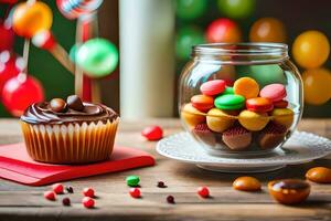 a cupcake and a jar of candy on a table. AI-Generated photo