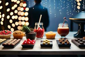 a table with various desserts and drinks. AI-Generated photo