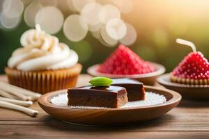 chocolate cake and cupcakes on wooden table with blurred background. AI-Generated photo