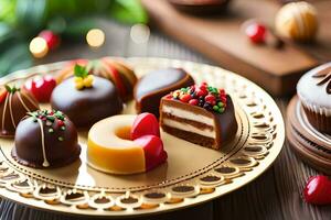 various chocolates and desserts on a gold plate. AI-Generated photo