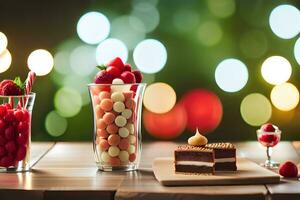 un mesa con un postre y un vaso de vino. generado por ai foto