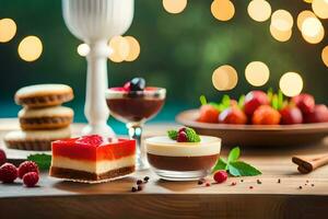 various desserts on a wooden table with lights. AI-Generated photo