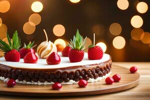 a cake with strawberries and chocolate on a wooden table. AI-Generated photo