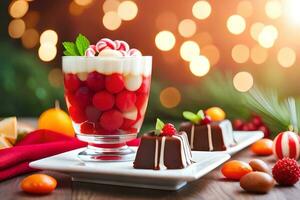 Navidad postre con Fruta y caramelo en un lámina. generado por ai foto