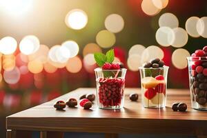 Tres lentes con Fruta y chocolate en un mesa. generado por ai foto