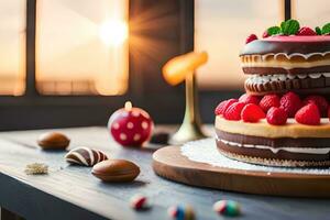 a chocolate cake with strawberries and raspberries on top. AI-Generated photo