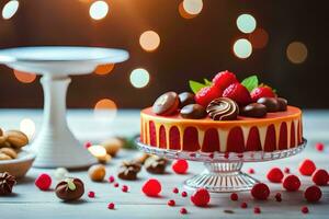 a cake with chocolate and berries on a table. AI-Generated photo