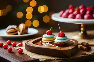 christmas dessert on wooden table with christmas lights. AI-Generated photo