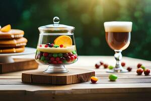 a glass jar with fruit and a glass of beer. AI-Generated photo